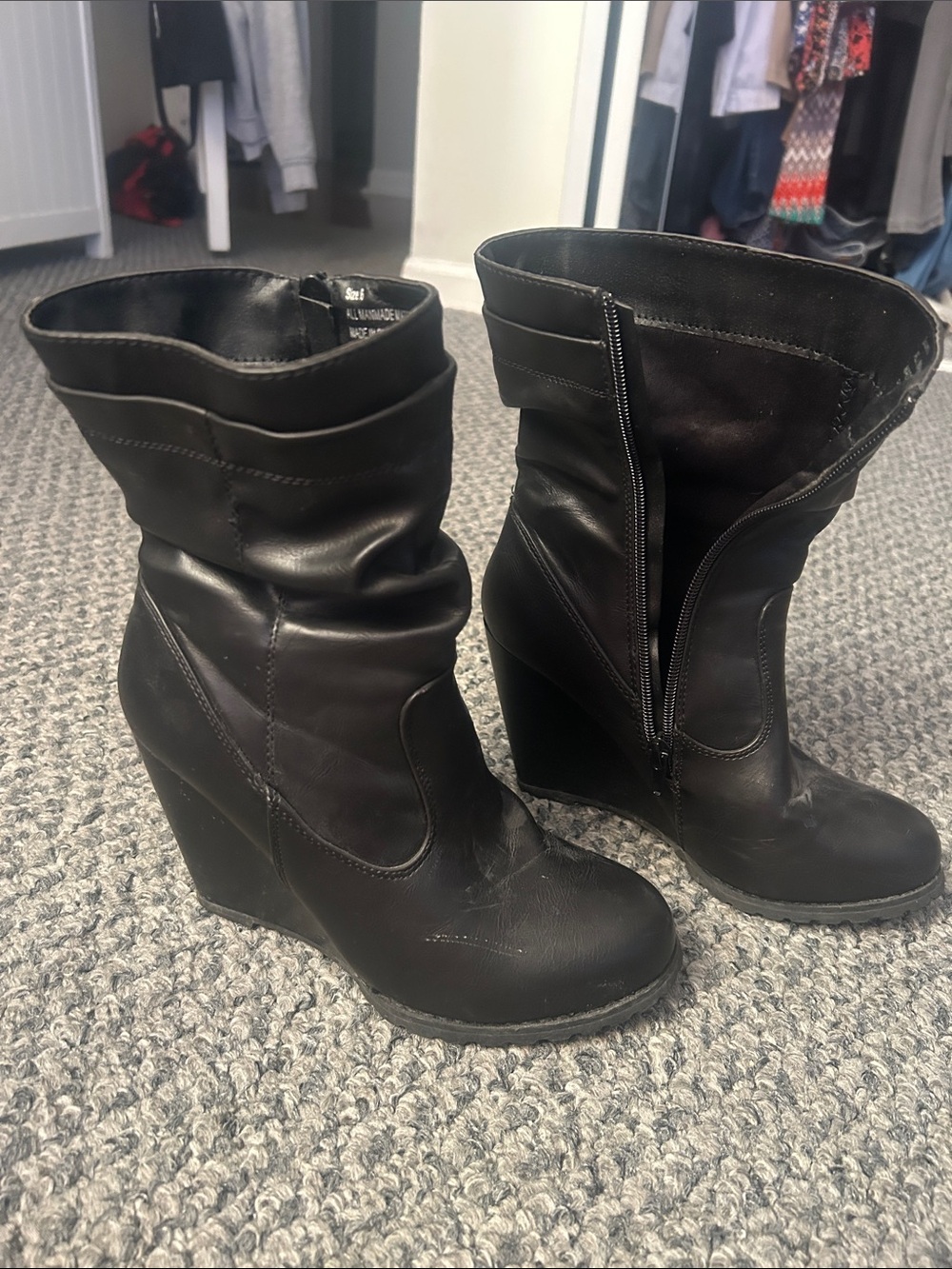 Women's Black Wedge Boots - Sleek Zip Closure